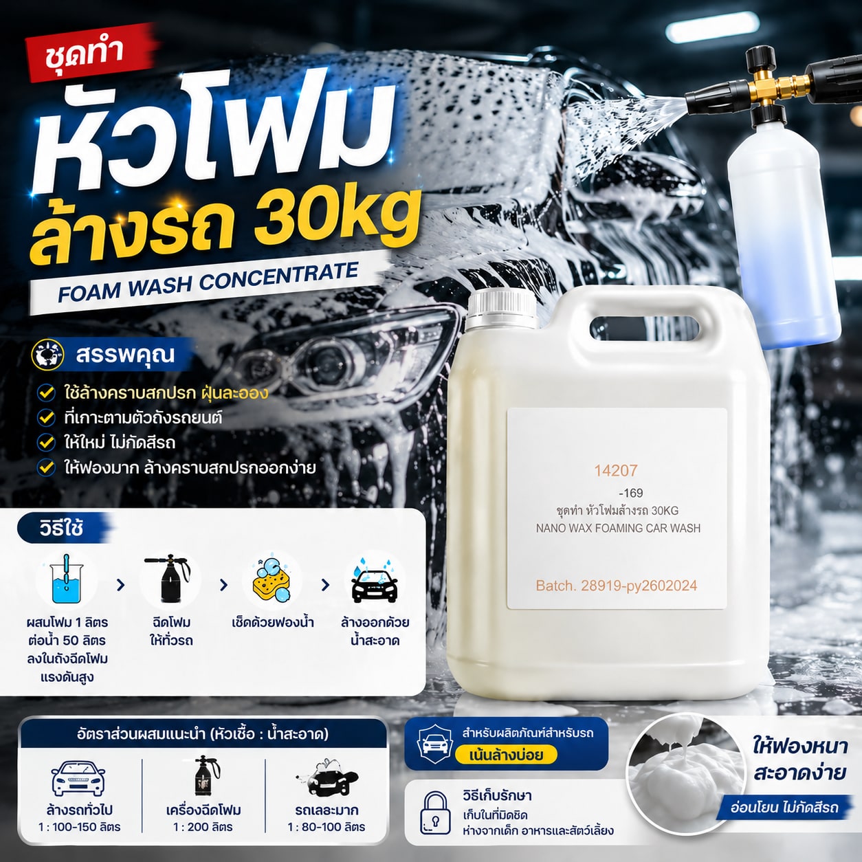 14207-ชุดทำ หัวเชื้อโฟมล้างรถ 30kg. สูตรเข้มข้น