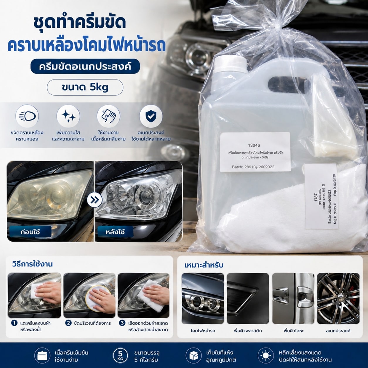 13046-ชุดทำ ครีมขัดคราบเหลืองโคมไฟหน้ารถ ครีมขัดอเนกประสงค์ – 5kg