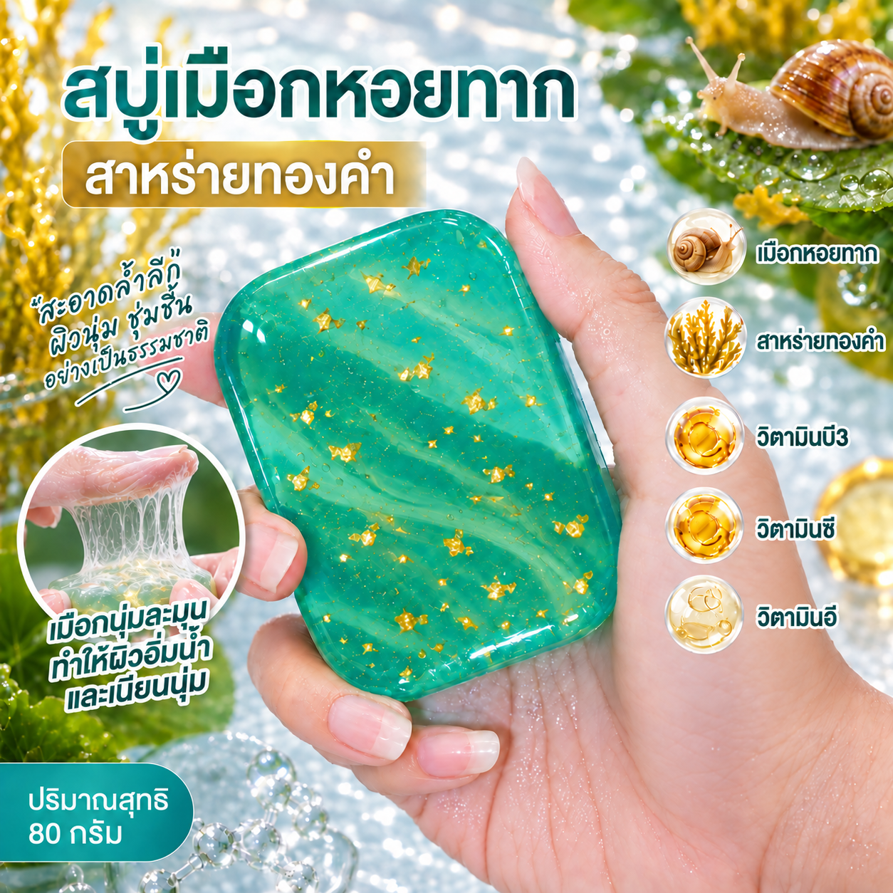 สบู่เมือกหอยทาก สาหร่ายทองคำ 80 กรัม ภาพหลัก